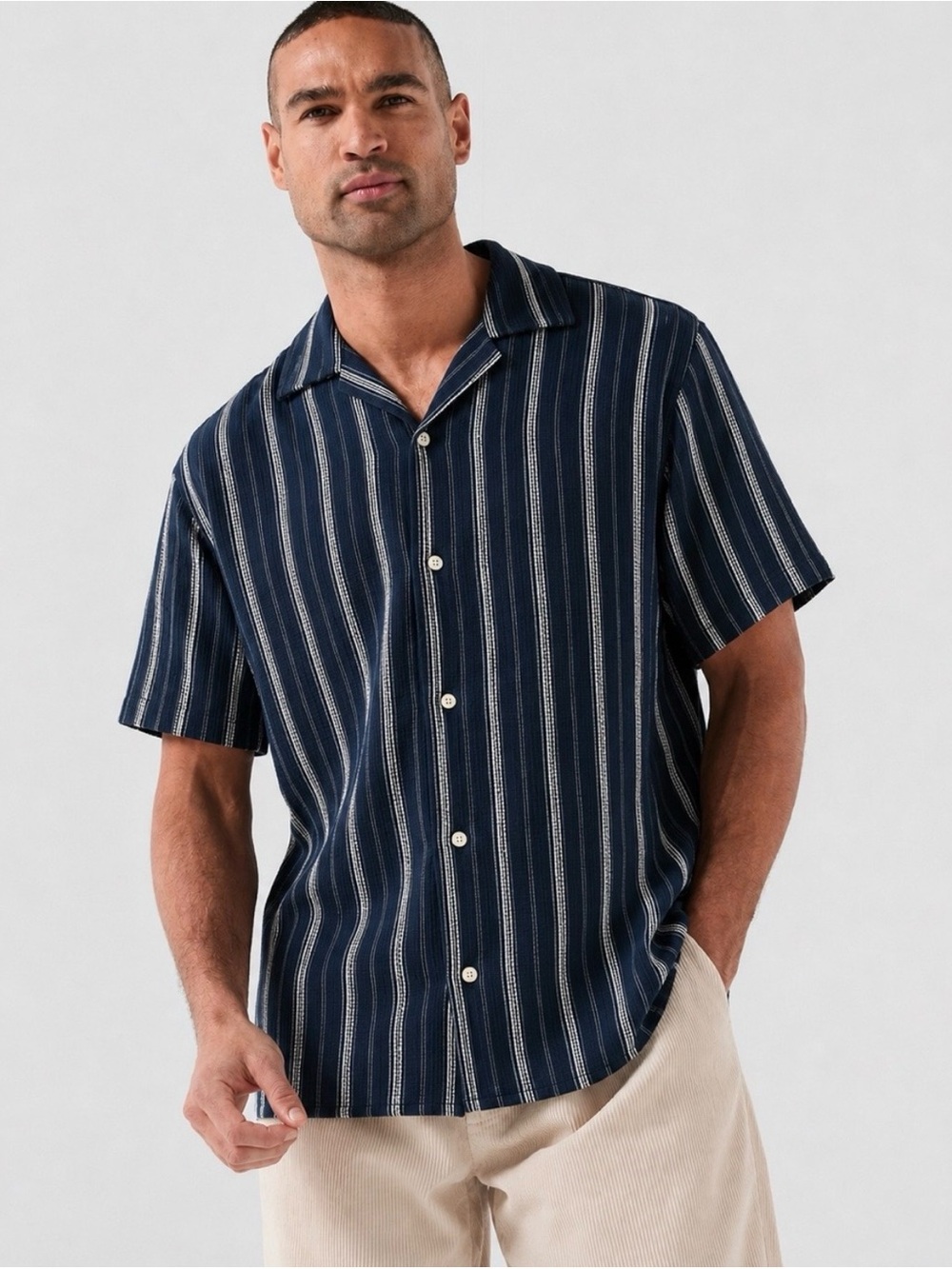 Zara Men’s Jaquard Knit Vertical Stripe Short-Sleeve Button Shirt